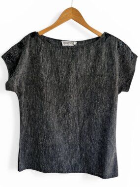 Vintage Charlee Allison Gray and Black Top with Button-Detail Cap Sleeves